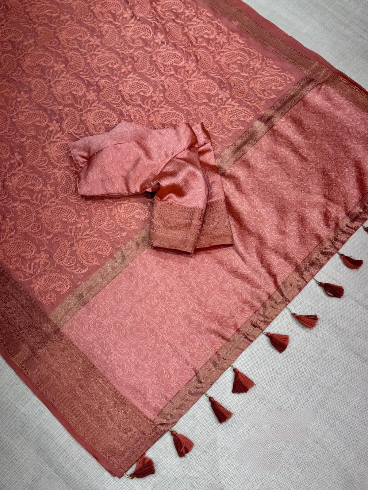 Blush Pink Floral Jacquard Weave Traditional Silk Saree with Rose Gold Border